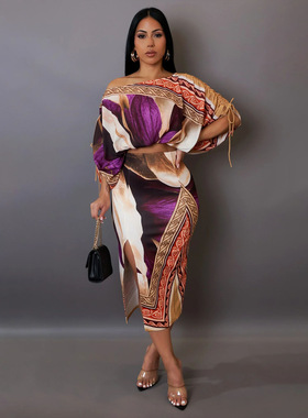 Women's printed off shoulder split skirt set女露肩半身裙套装