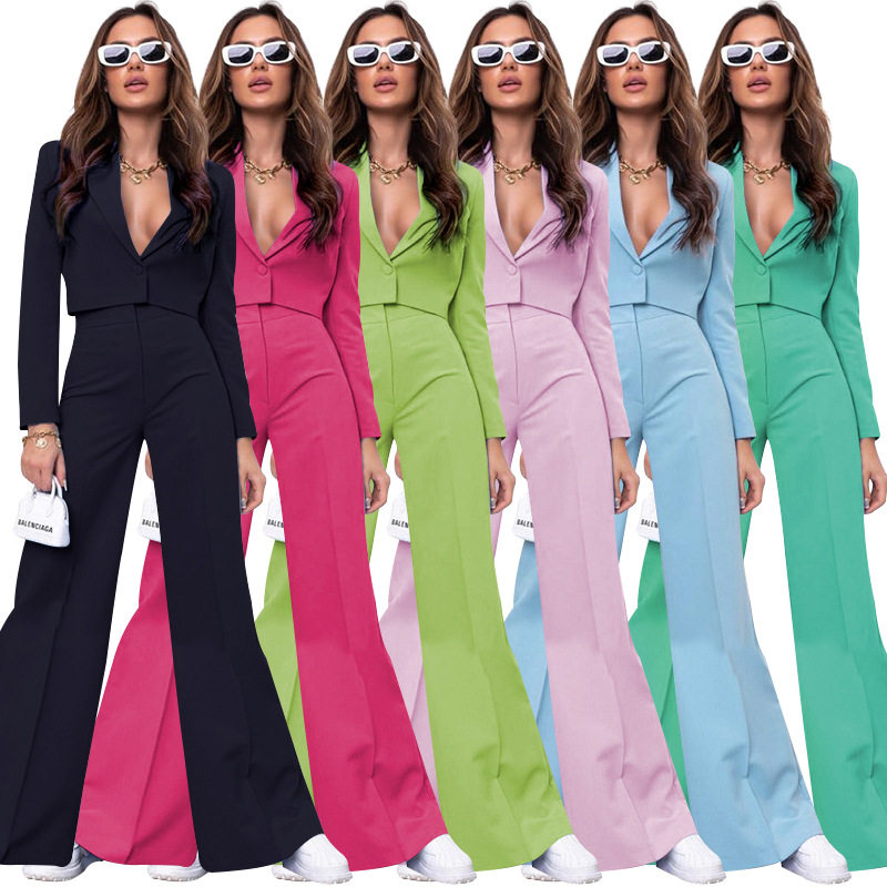 women suit+pants set欧美潮流纯色短款长袖小西装高腰阔腿裤套装