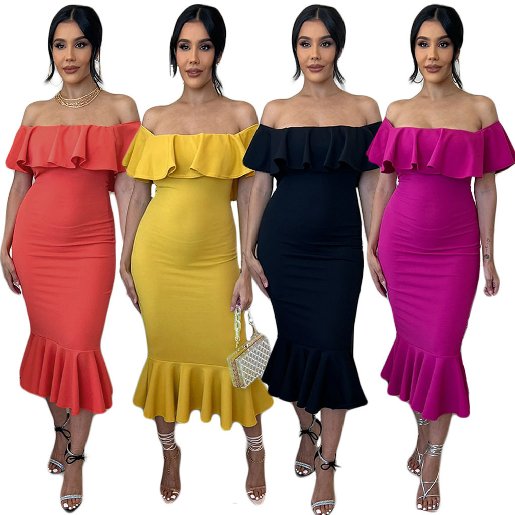 Ladies sexy party dress 一字肩纯色荷叶边 时尚优雅欧美连衣裙