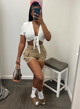 Women's summer street photography lace up short top女短上衣