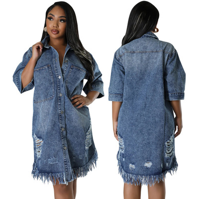 women big size jeans jacket 大码牛仔破洞流苏短袖翻领连衣裙