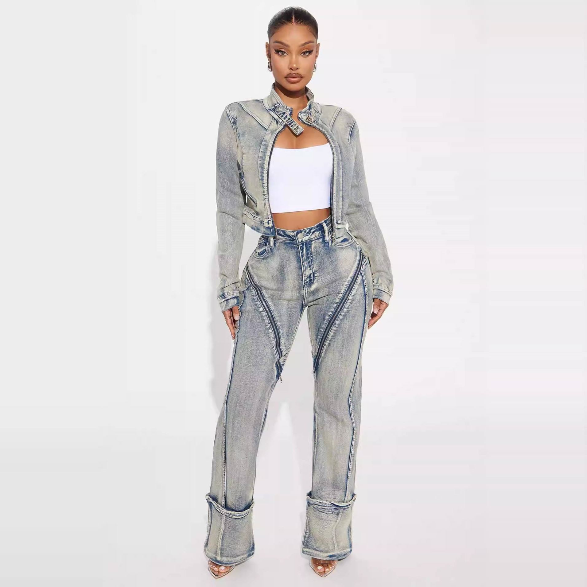 2025欧美高弹洗水拉链牛仔夹克套装women jeans jacket+pants set