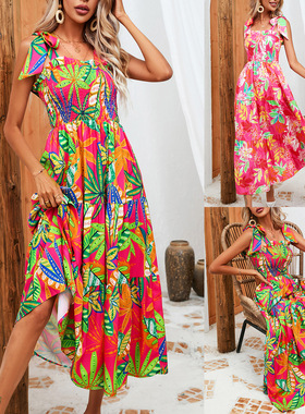 Women's leaf print chest tied dress女树叶印花裹胸绑带连衣裙