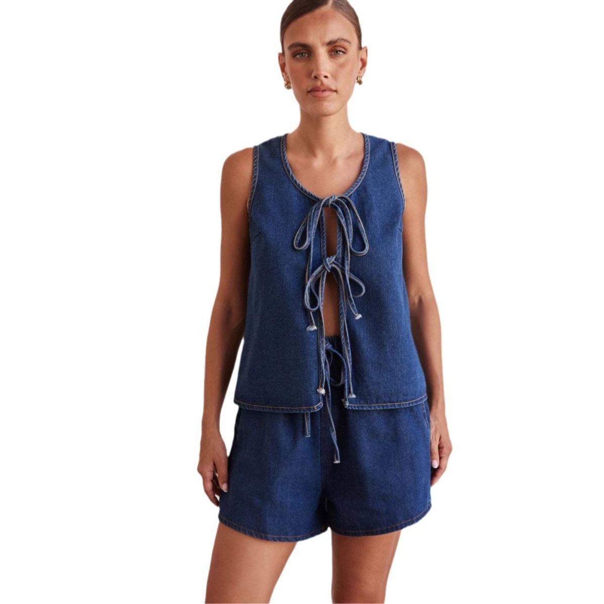 women jeans vest+shorts 欧美无袖系带高腰女式背心牛仔套装短裤