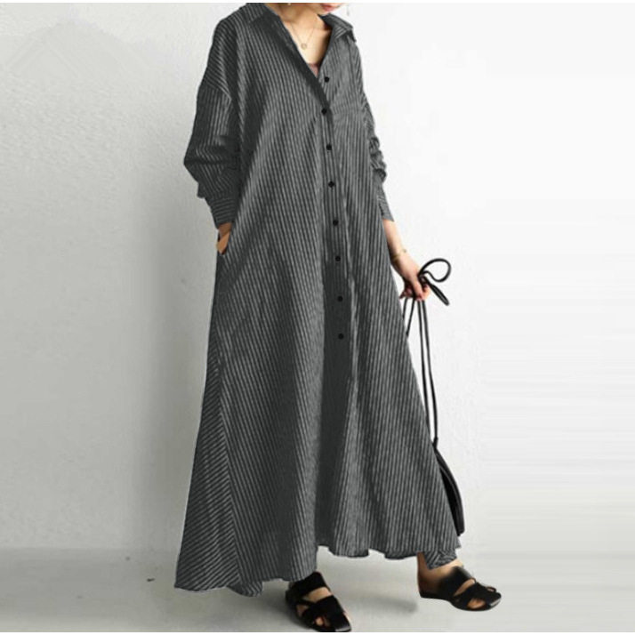 2024棉麻条纹翻领插袋宽松长款衬衫连衣裙women shirt dress long