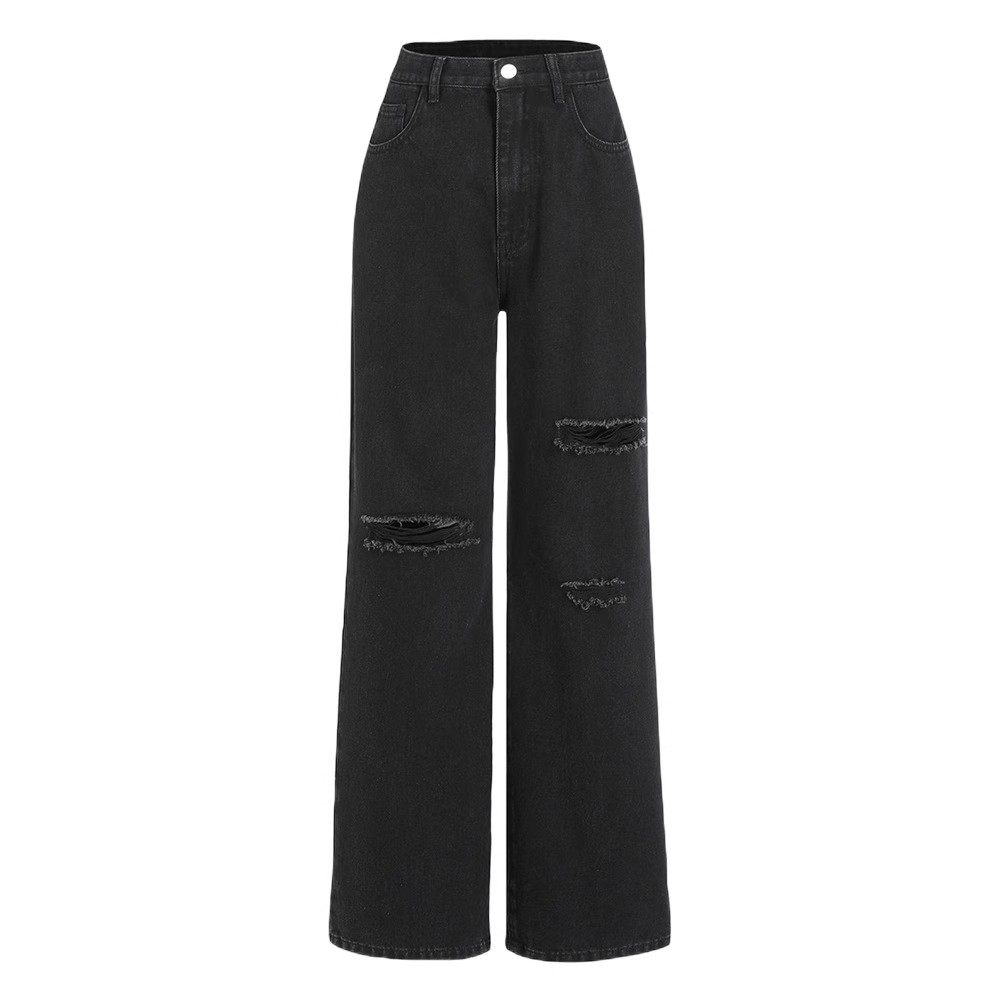 欧美黑色经典破洞洗水直筒牛仔长裤 women JEANS pants long 2024