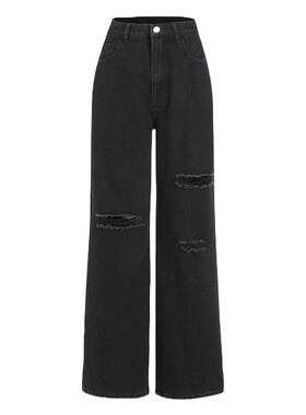 欧美黑色经典破洞洗水直筒牛仔长裤 women JEANS pants long 2024