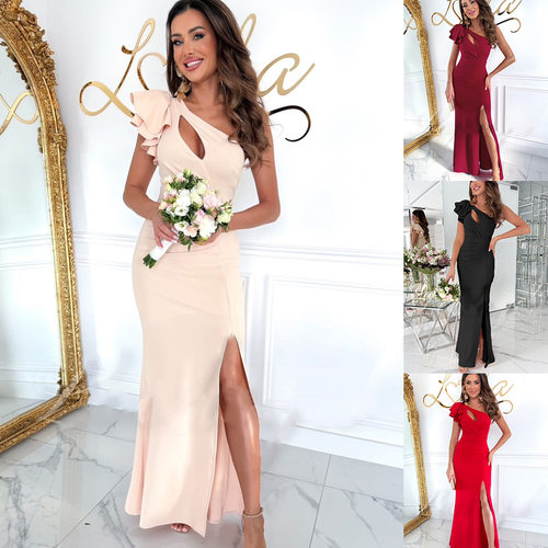 Women's slit solid color hollow out long dress evening dress