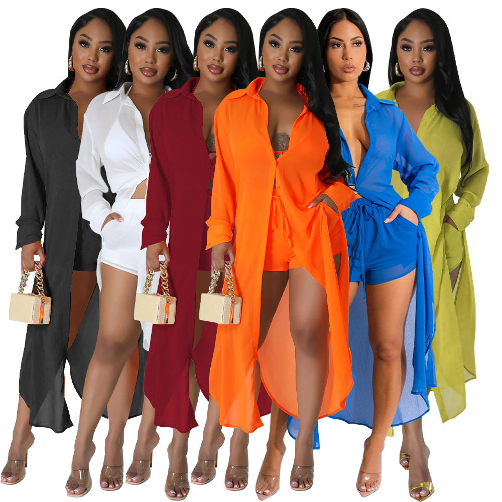 Women's sexy chiffon long shirt shorts beach two-piece set
