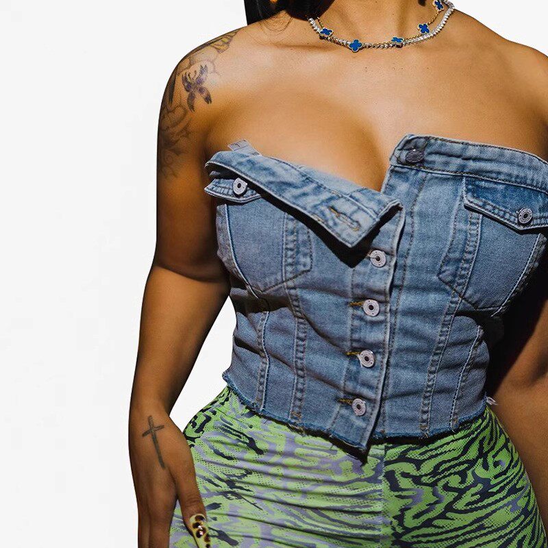 women jeans tops 欧美新款时尚街头潮流牛仔松紧裹胸纽扣上衣