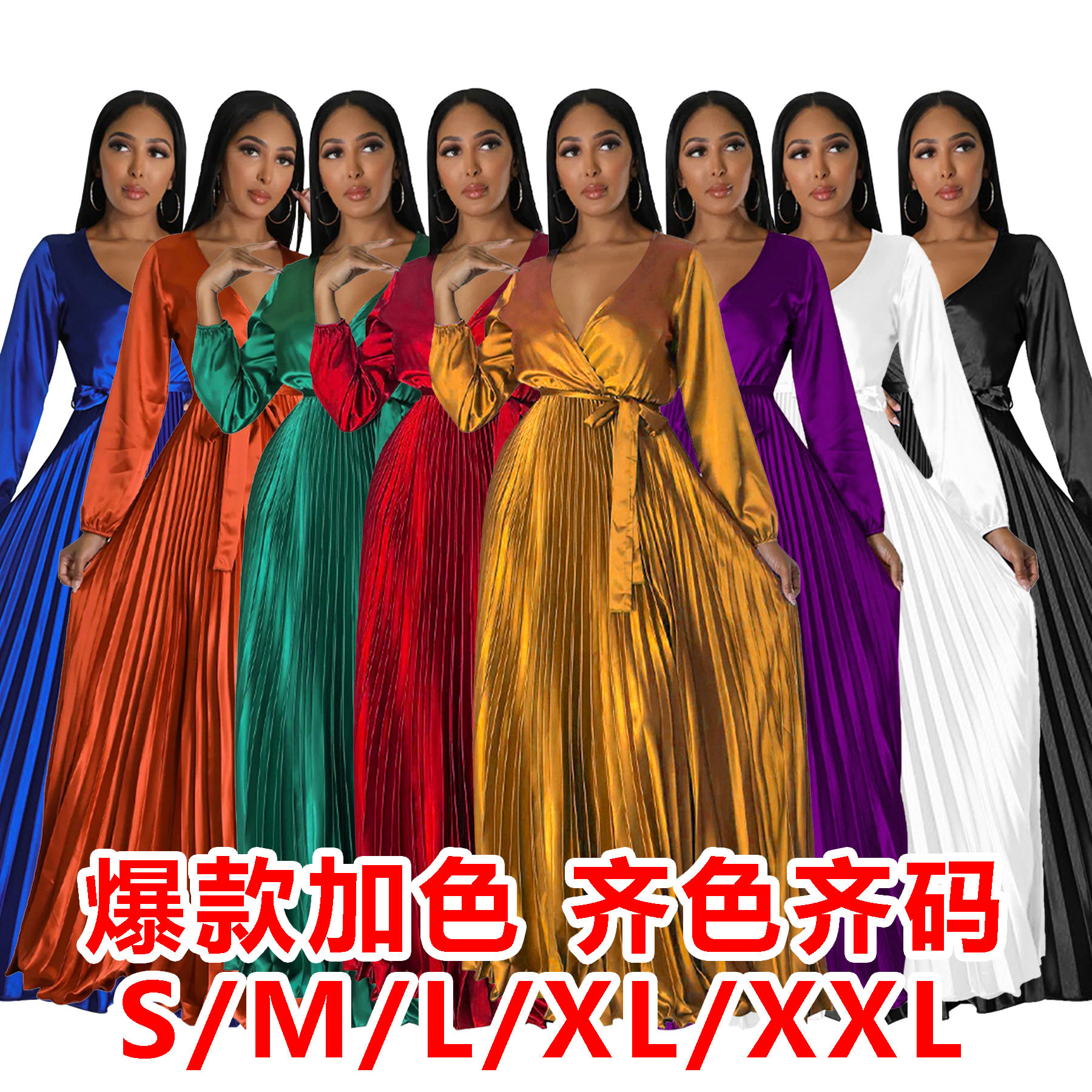 Women's V-neck lantern sleeve pleated long dress压褶长连衣裙