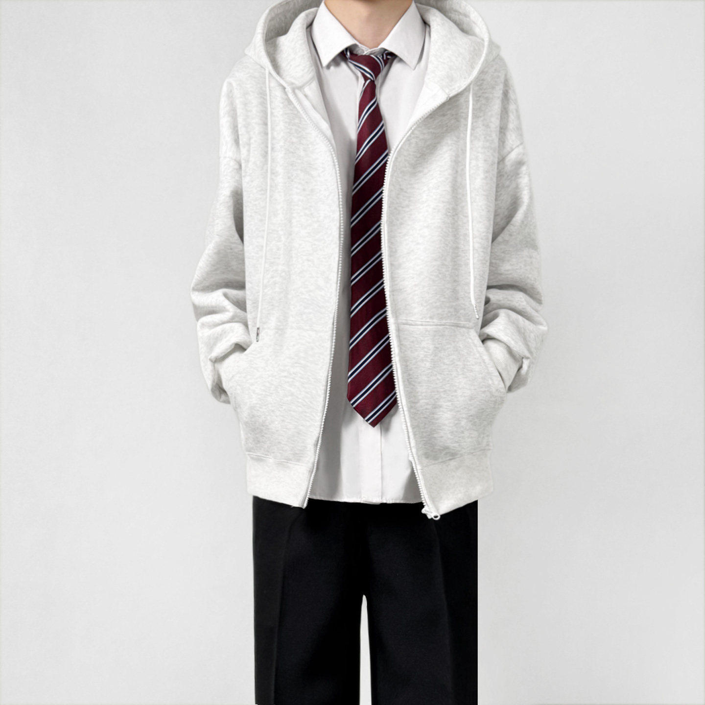 木村叔dk日系浅花灰色连帽卫衣男生学院风纯色休闲拉链春秋季外套