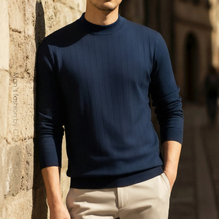 T恤半高领条纹针织衫 长袖 男装 休闲打底衫 上衣 2025新款 秋冬装 男士