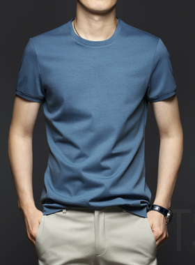 夏季男士圆领短袖T恤纯色莫代尔纯棉半袖夏装白色丝光棉冰丝男装