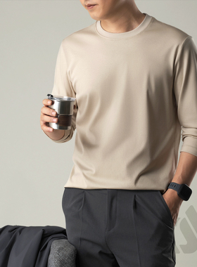 春秋季男士圆领长袖T恤纯棉丝光棉体恤高端白色打底衫2025年新款