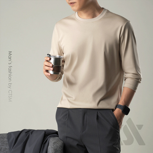 2025年新款 春秋季 T恤纯棉丝光棉体恤高端白色打底衫 圆领长袖 男士