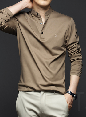 春秋季男士立领长袖T恤丝光棉纯棉打底衫春秋款上衣2025新款男装