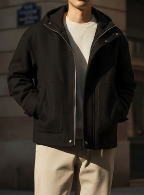 秋冬季男士极简风连帽毛呢大衣秋冬加厚保暖黑色拉链外套2025新款