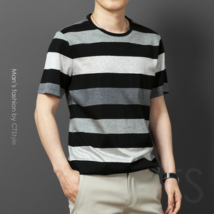 2025新款 男士 T恤色织条纯棉商务休闲男装 双丝光棉圆领短袖 薄 夏季