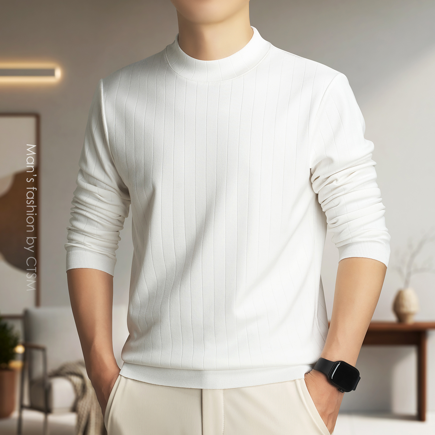 2025新款男士长袖T恤半高领条纹打底衫男装上衣秋冬休闲圆领毛衣