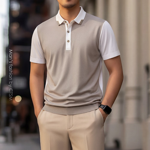 商务穿搭翻领短袖POLO衫男士高端拼接针织休闲T恤2026新款上衣服