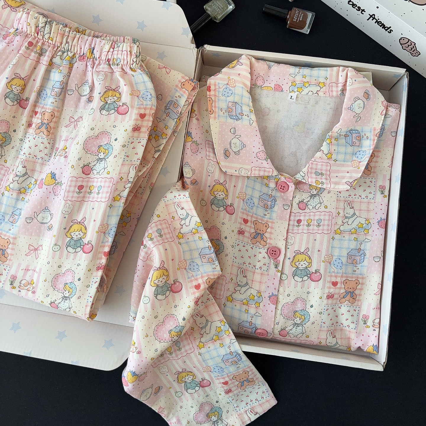 多色选2026新款娃娃领开衫卡通长袖长裤睡衣女双层纱纯棉家居服薄,女士内衣/男士内衣/家居服,睡衣/家居服套装,淘宝优惠券,粉丝福利购,淘宝优惠卷