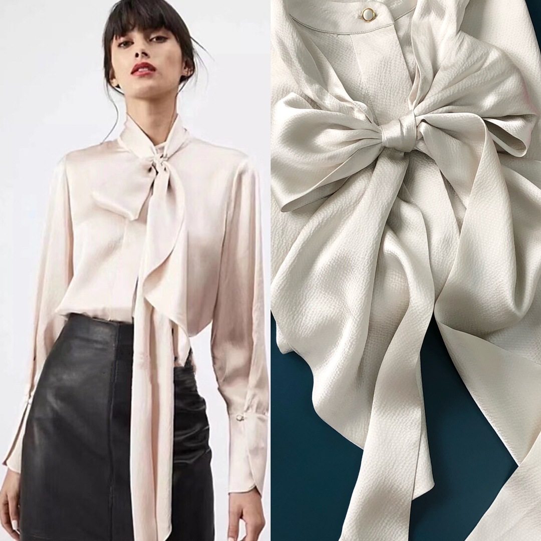 惊艳轻奢 法式风稀贵珍珠缎  重工超大飘带真丝长袖衬衫