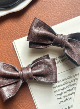 手工皮质深棕蝴蝶结发夹复古高级侧边夹 小众精致刘海碎发装饰