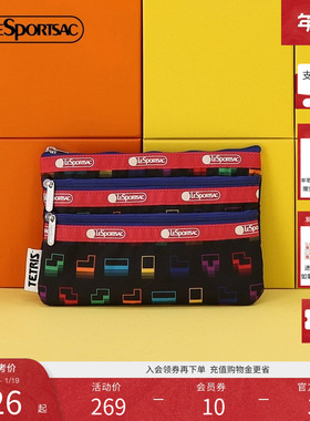 LeSportsac乐播诗新款Tetris联名系列黑色彩格多隔层零钱包手拿包