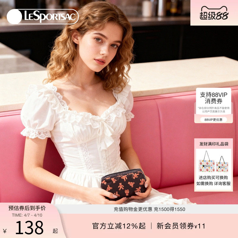 LeSportsac乐播诗秋冬新款经典系列咖色满印泰迪熊手机包女手拿包