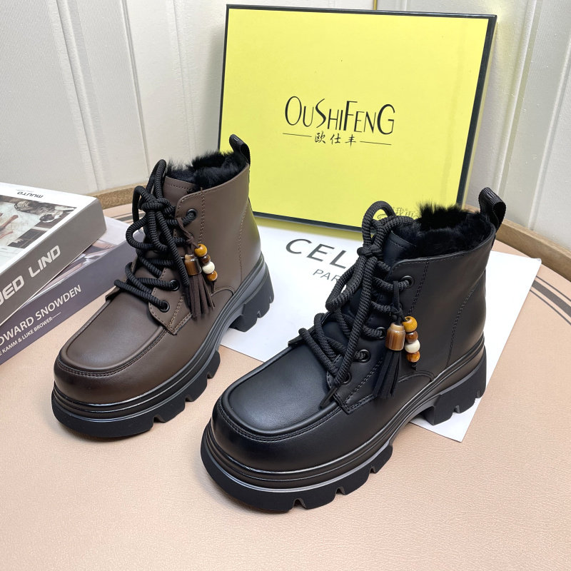 欧仕丰真皮马丁靴女款加厚绒2025冬季新款厚底百搭显脚小圆头短靴,女鞋,马丁靴,淘宝优惠券,粉丝福利购,淘宝优惠卷