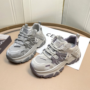 高鹏真皮老爹鞋女款2026新款春季厚底显脚小超火增高运动女鞋潮酷