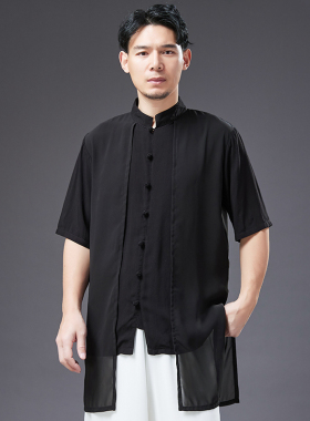 夏季宽松中国风假两件短袖衬衫立领中式男装复古唐装禅意汉服衬衣