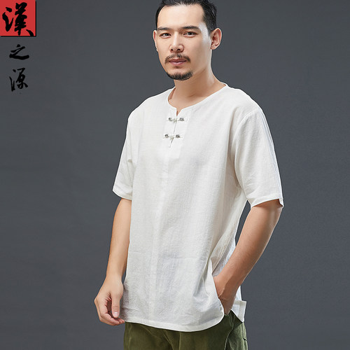 棉麻v领薄款纯色中式复古短袖t恤