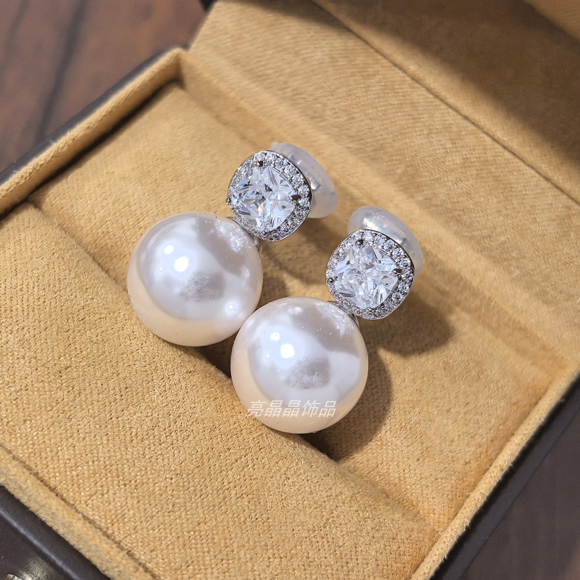 方形锆石无耳洞耳夹仿珍珠耳环