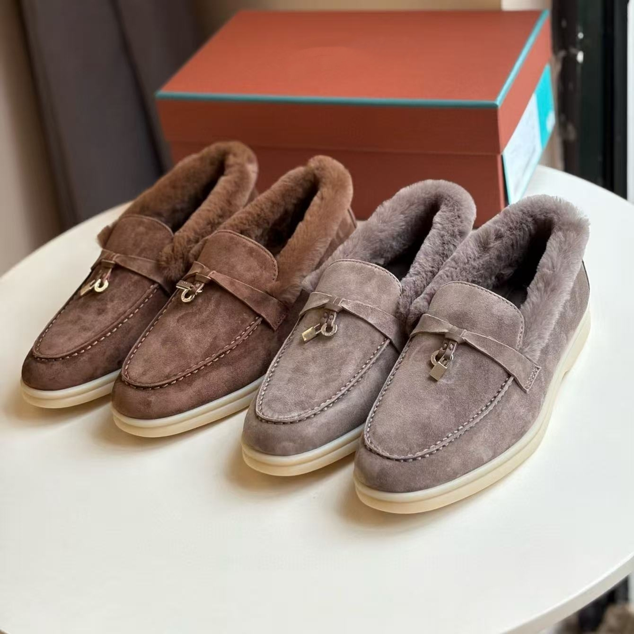 外贸鼎版羊皮毛一体一脚蹬乐福鞋