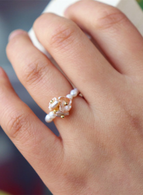 新款法式小众设计淡水珍珠花朵戒指女精致微镶锆石指环轻奢气质女