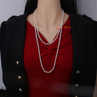 天然淡水珍珠毛衣链时髦小米粒珍珠长款强光多层叠戴项链轻奢新款