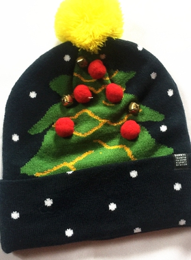 出口秋冬针织提花加厚双层保暖圣诞铃铛帽柔软女士时尚包头护耳帽