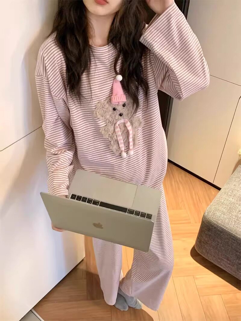 韩系小狗条纹春秋睡衣女两件套