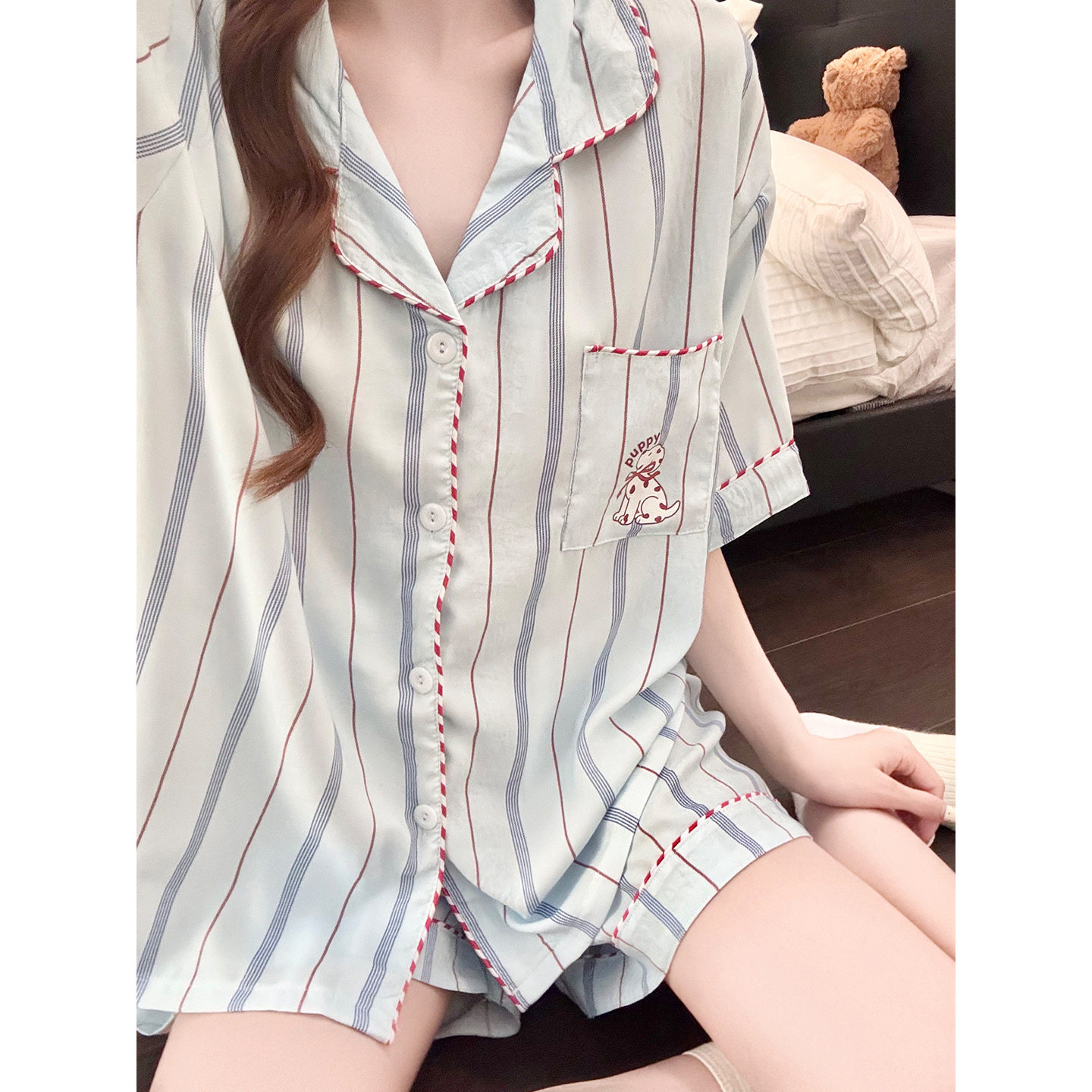 蓝条小狗可爱夏季短袖睡衣套装