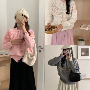 毛衣外套 韩版 撞色提花针织开衫 女宽松短款 慵懒风外搭上衣秋冬新款
