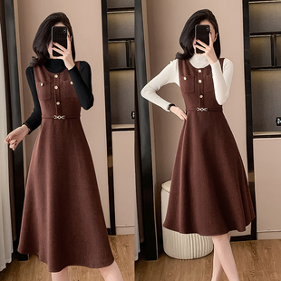 安可拉红背心连衣裙女秋冬2025新款 中长毛呢裙加毛衣 气质简约时尚
