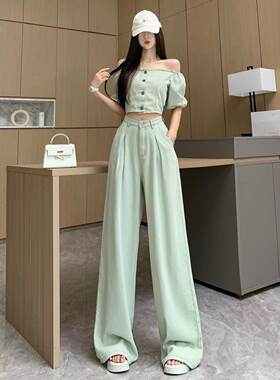 一直肩辣妹牛仔套装女2026夏季洋气短款上衣+高腰显瘦休闲阔腿裤