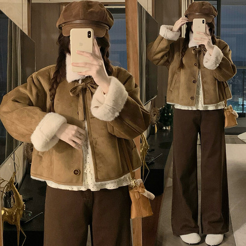 皮毛一体宽松百搭厚外套女2026冬季新款小个子加绒短棉服