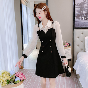 2026春季新款假两件连衣裙女装春款小个子收腰显瘦打底小黑裙