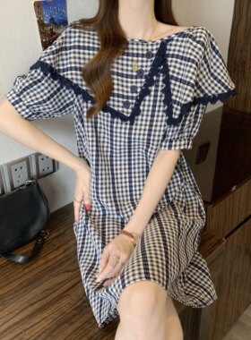大码胖MM2026年夏季新款蓝色格子连衣裙女宽松遮肚减龄裙子