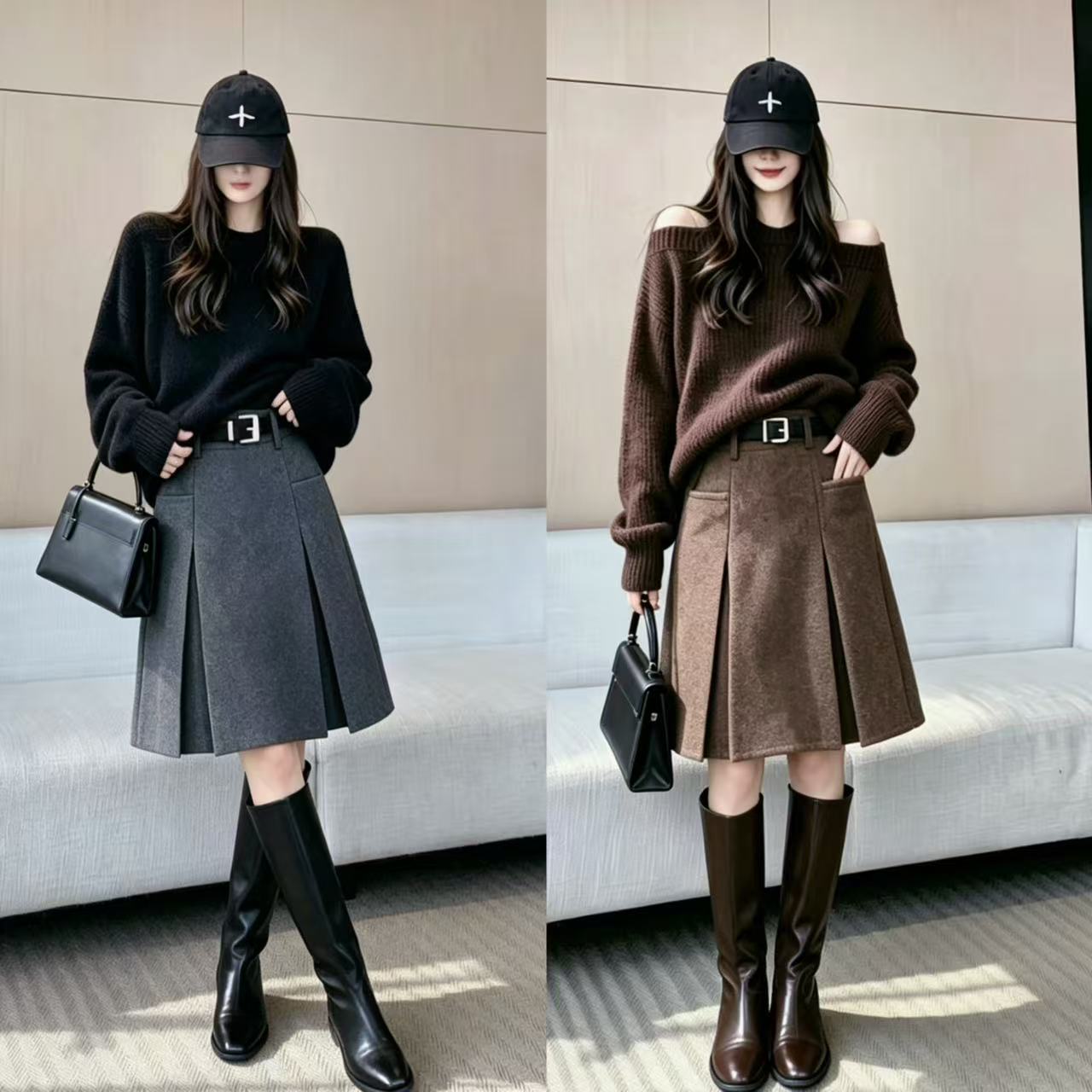 韩系极简毛呢半身裙女2026秋季新款时尚百搭宽松显瘦A字休闲中裙