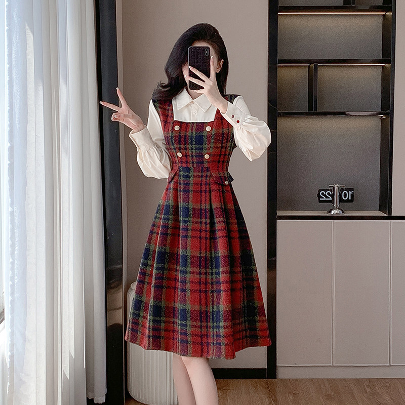 学院风毛呢连衣裙女春季2026新款衬衫拼接内搭假两件长连衣裙子