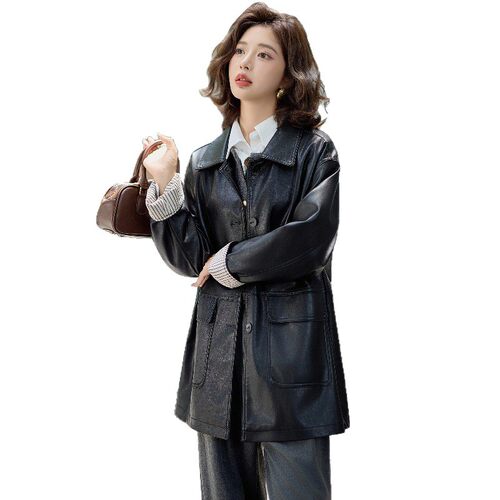 韩系皮衣外套女中长款2026秋款小个子气质复古休闲PU皮夹克风衣